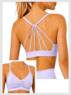 Alo Yoga Sunny Strappy Bra Light Lavender Purple Strappy Back Ruched Front M